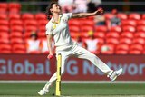 Ellyse Perry is depicted mid bowling action in a test match against India in 2021