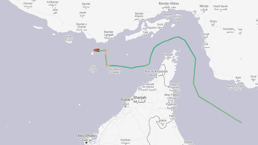A tracking map shows the Mesdar oil tanker veering west after an abrupt north turn towards Iran in the Strait of Hormuz