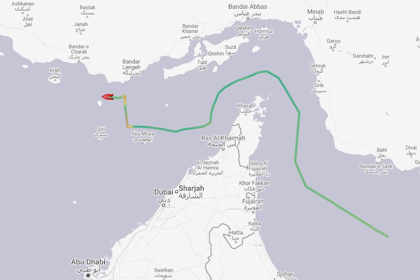 A tracking map shows the Mesdar oil tanker veering west after an abrupt north turn towards Iran in the Strait of Hormuz
