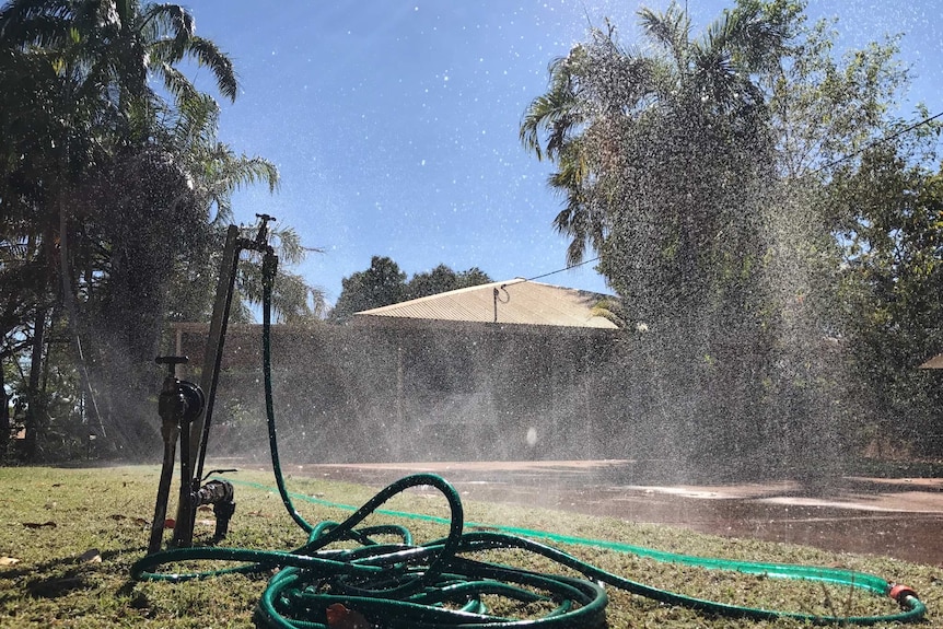 A sprinkler soaker hose connected to a tap waters a garden lawn outside a house.