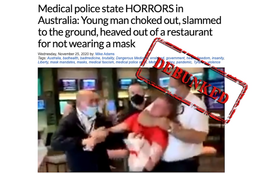 Screengrab of an article which claims a man was dragged out of a pub for not wearing a mask, with a debunked stamp overlayed