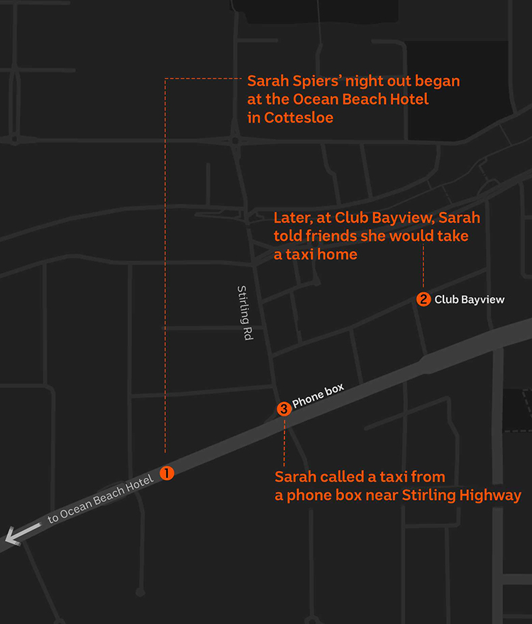 A map showing Sarah Spiers's last known movements in Claremont before her disappearance in 1996.