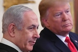 Donald Trump stands alongside Israel Minister Benjamin Netanyahu.