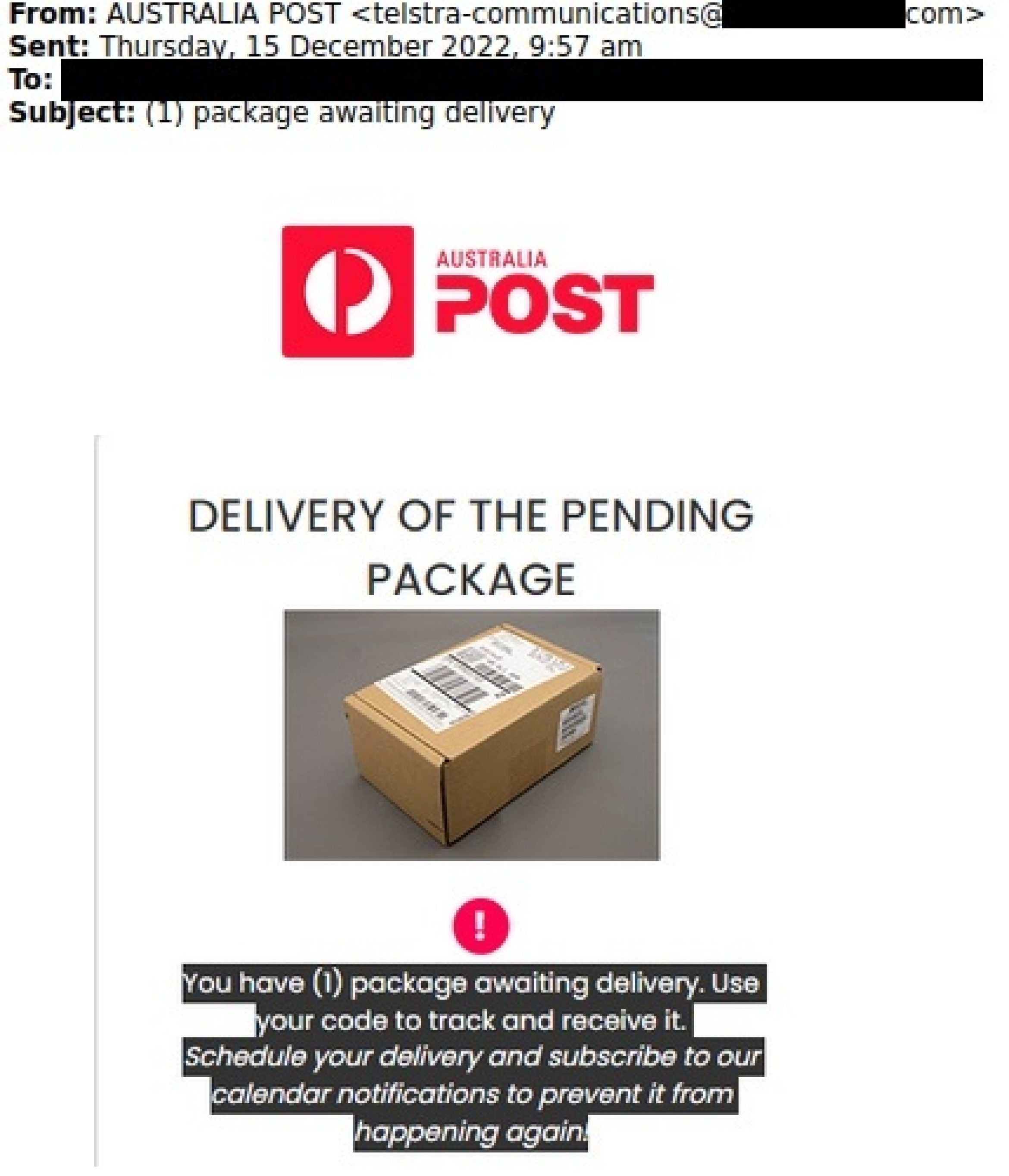 A screenshot of an email with a photo of a package, an Australia Post logo and a prompt to use a tracking code. 