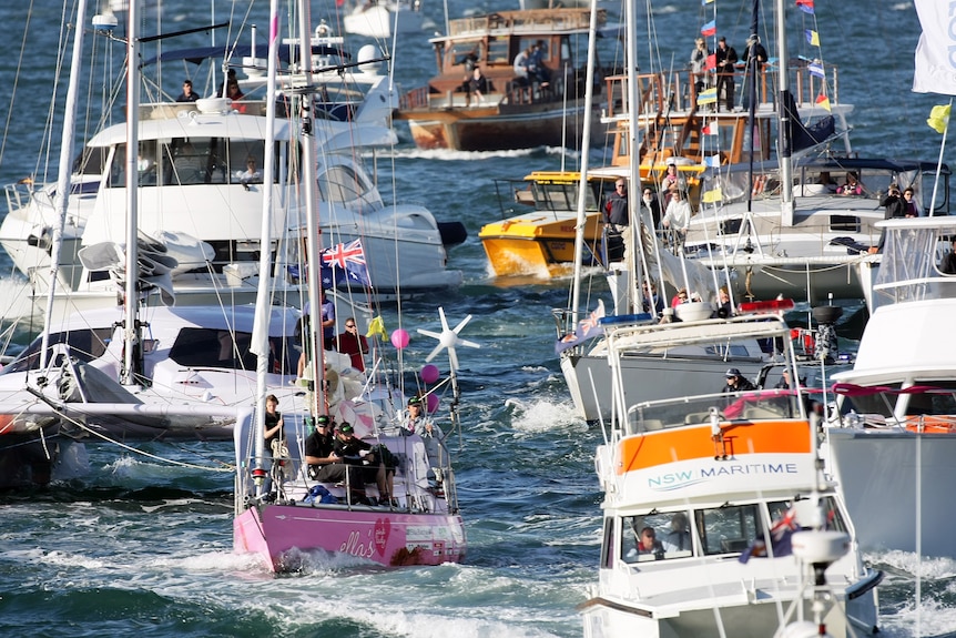 Convoy of boats with a pink sail boat in centre 