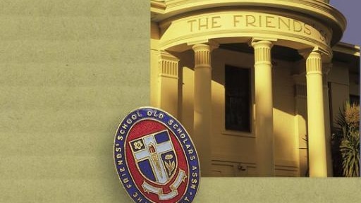 The main building and school badge of The Friends' School, Hobart.