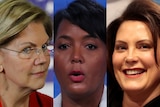 A composite image of Senator Elizabeth Warren, Mayor Keisha Lance Bottoms, Governor Gretchen Whitmer