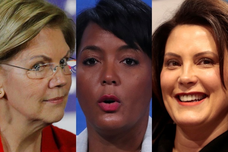 A composite image of Senator Elizabeth Warren, Mayor Keisha Lance Bottoms, Governor Gretchen Whitmer