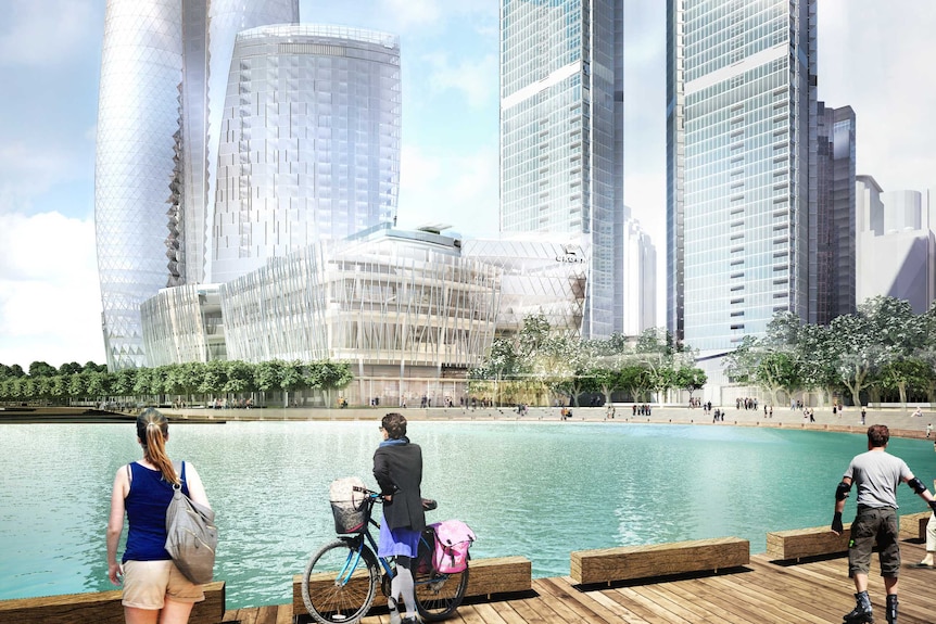 An artist impression of people walking around the Barangaroo foreshore and casino development.