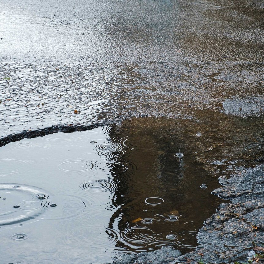 A wet road containing a large pothole