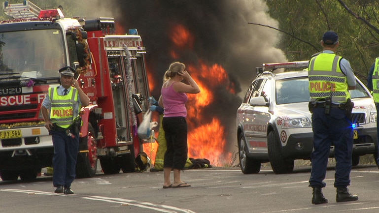 Fire burns at tanker crash