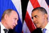 Barack Obama (R) an Vladimir Putin speak during their bilateral meeting.