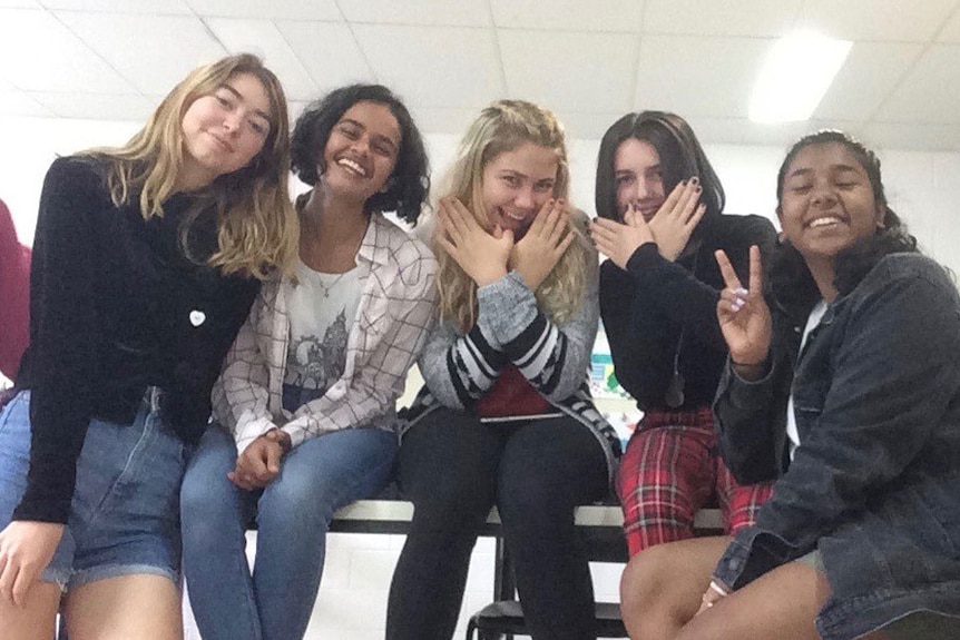 Group photo of  India Cavenagh (first left), Shanu Sobti (second left) and three other friends at school.