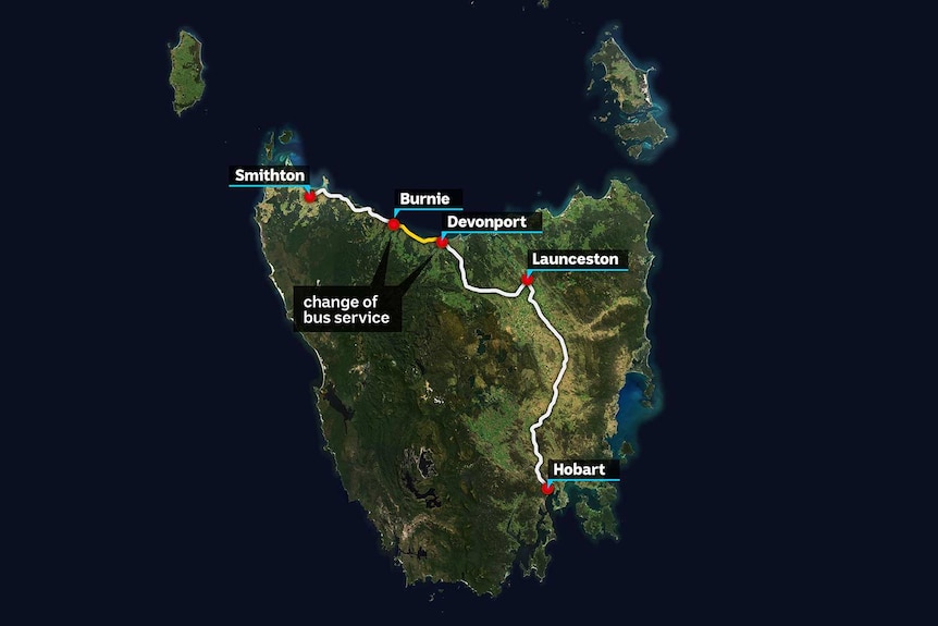 A map showing the change to the continuity of a bus service in northern Tasmania.