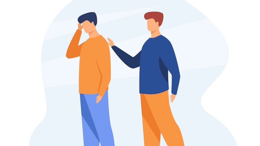 Stock illustration of person with hand to head as if upset, being comforted by a friend who places hand on their shoulder.