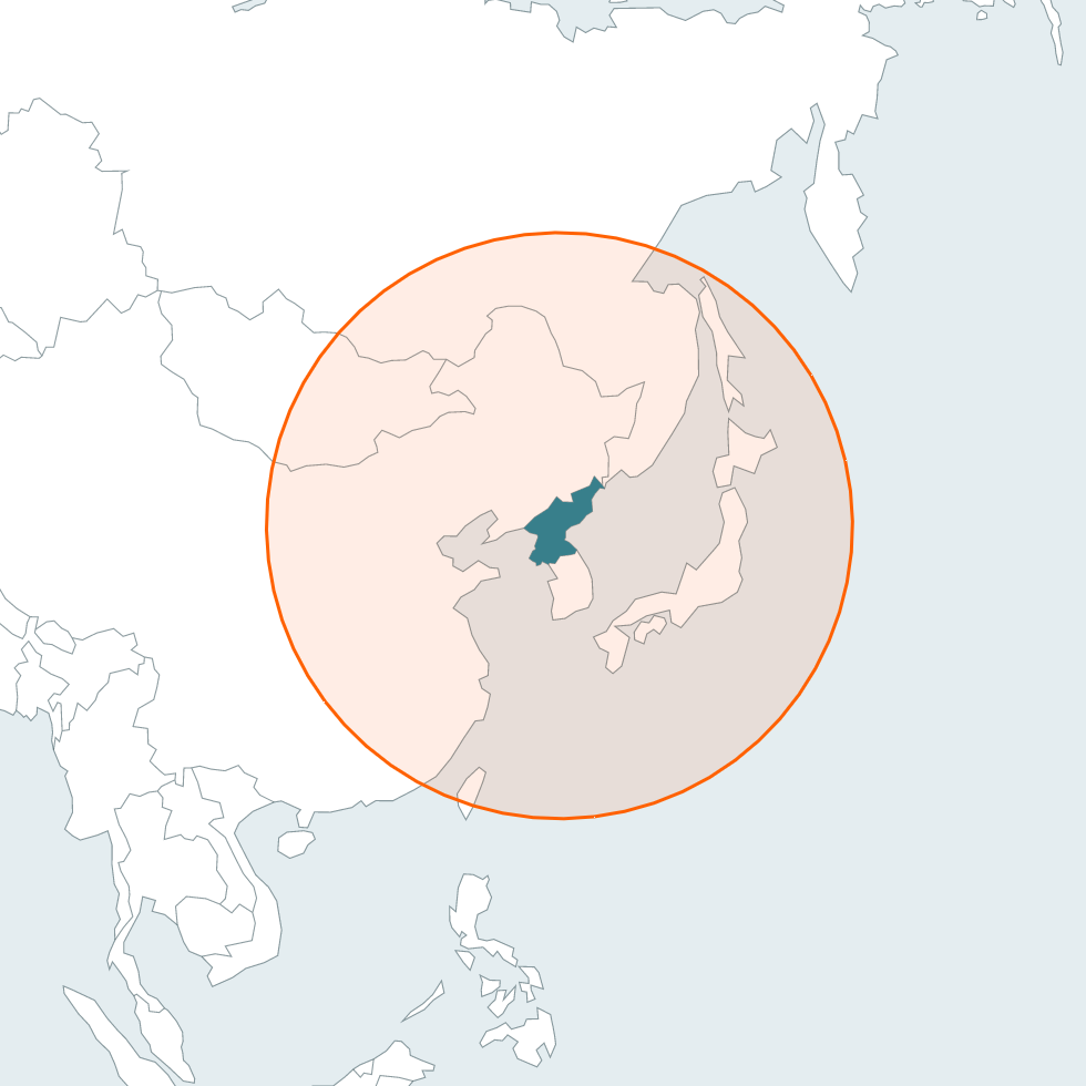 Map with red circle showing the range of North Korea's medium-range missiles. Japan is inside the circle.