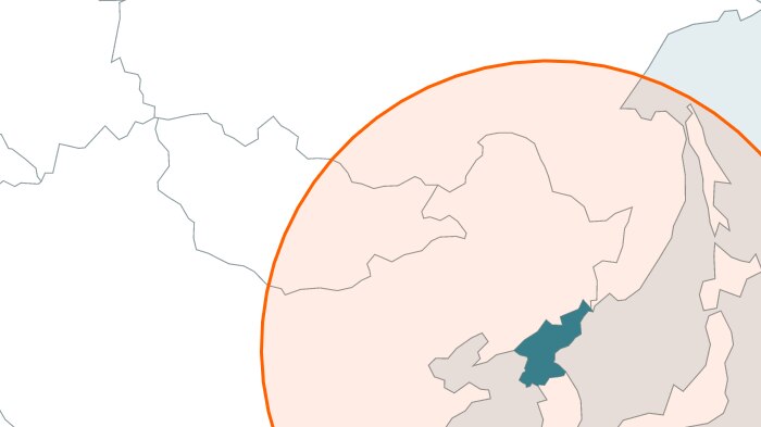 Map with red circle showing the range of North Korea's medium-range missiles. Japan is inside the circle.