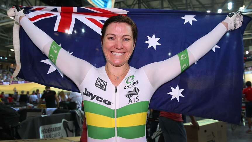 Australia's Anna Meares celebrates after winning the women's keirin at the World Track Cycling titles in Paris