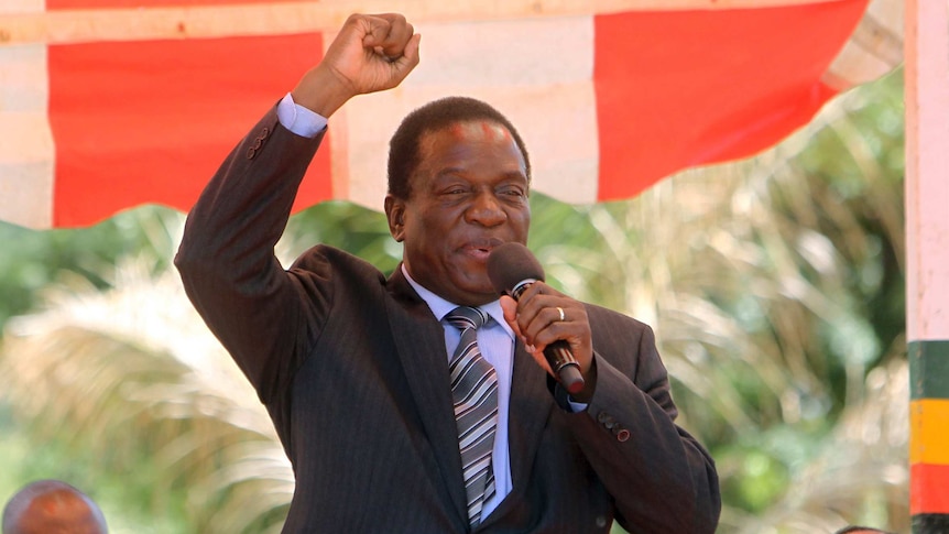 Emmerson Mnangagwa raises his arm with a clenched fist while speaking into a microphone.