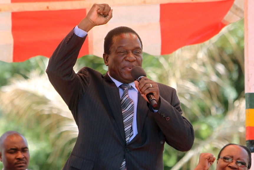 Emmerson Mnangagwa raises his arm with a clenched fist while speaking into a microphone.