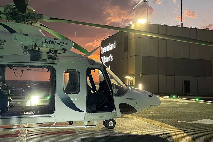 LifeFlight helicopter outside Queensland Children's Hospital.