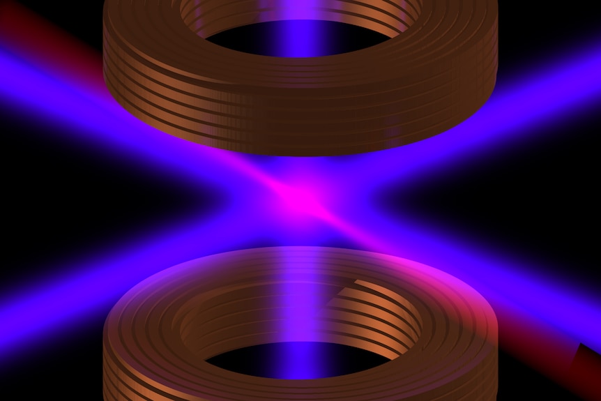Two purple lasers intersect between two brown rings