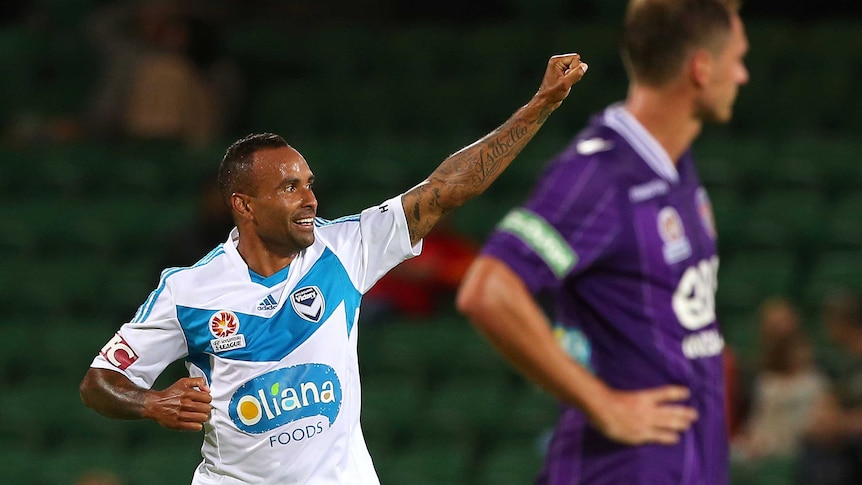Melbourne Victory's Archie Thompson celebrates a goal against Perth Glory in round 23, 2014.