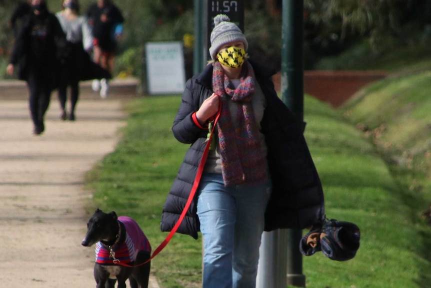 A woman wearing a beanie and mask walks her dog on the Tan walking track.