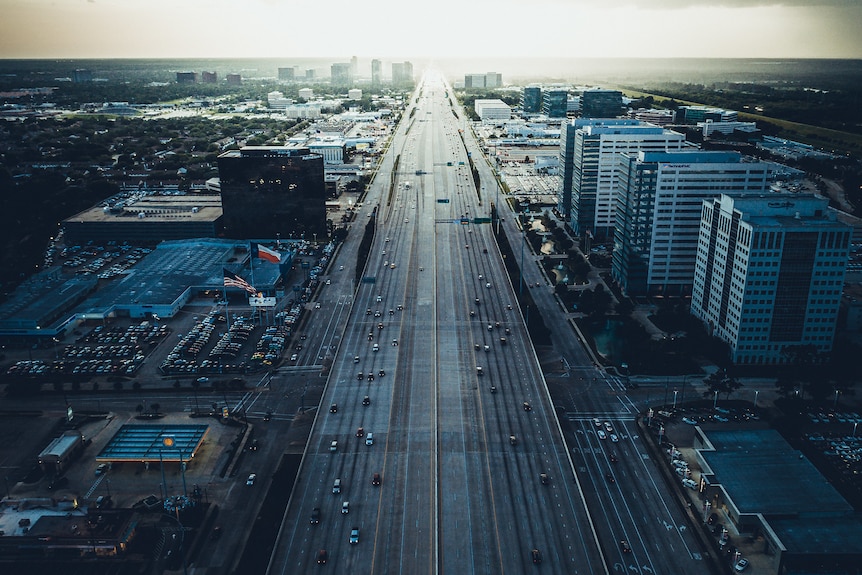 An aerial view of a large freeway.