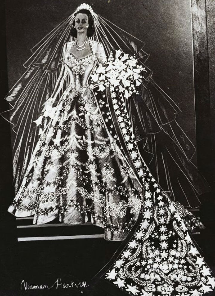 A drawing of an intricate wedding dress