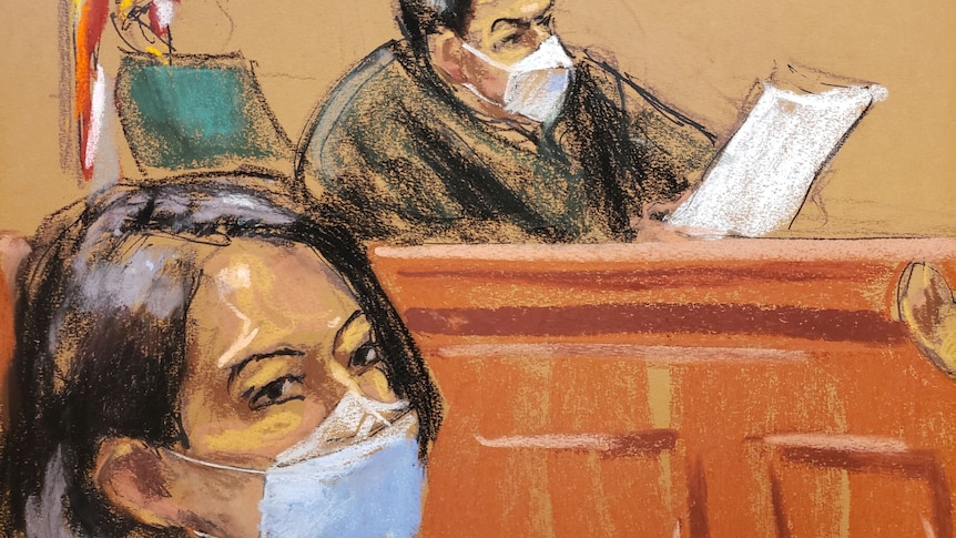 A courtroom sketch shows Maxwell in the foreground, wearing a mask. Behind her, a judge reads from paper