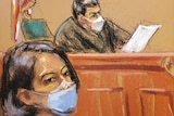 A courtroom sketch shows Maxwell in the foreground, wearing a mask. Behind her, a judge reads from paper