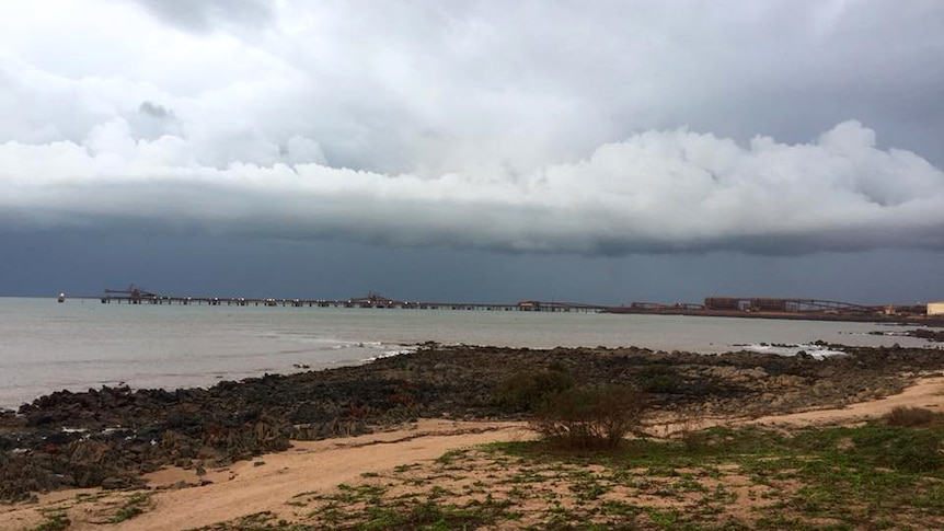 Port operations in the distance with heavy grey cloud overhead and a scrubby beach in the foreground.