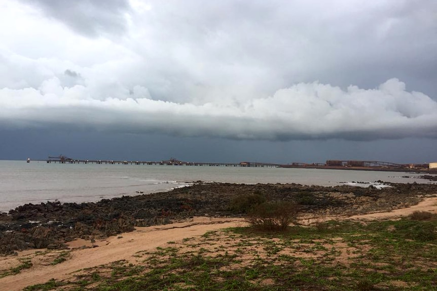 Port operations in the distance with heavy grey cloud overhead and a scrubby beach in the foreground.