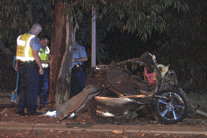 The crumpled rear half of a crashed car lies next to a tree as police officers examine the scene.