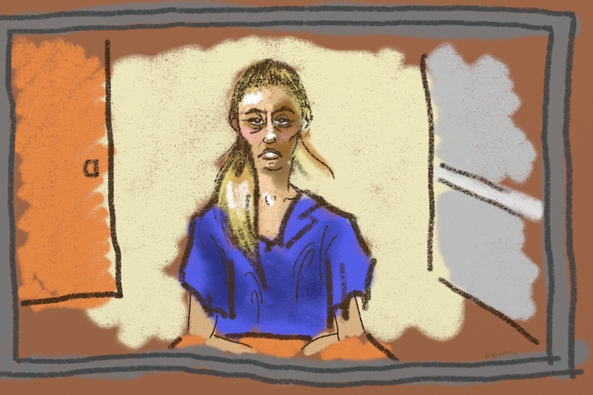 sketch of a woman looking sad in blue shirt