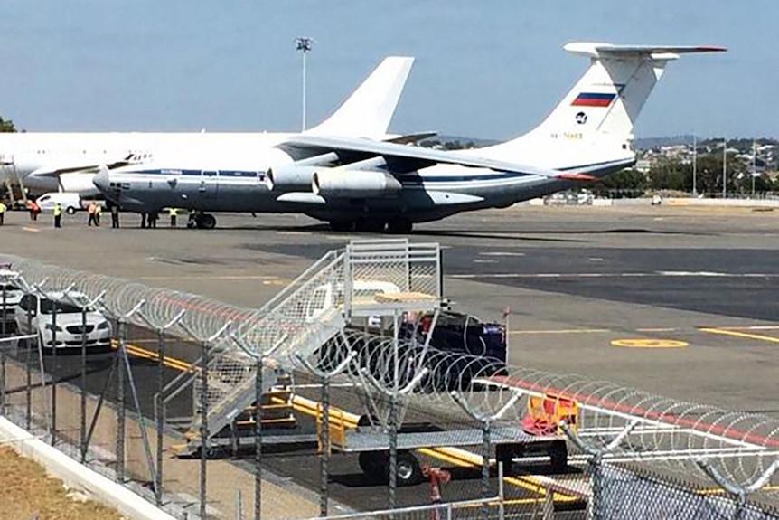 A Russian cargo plane arrives at Brisbane Airport on Tuesday.