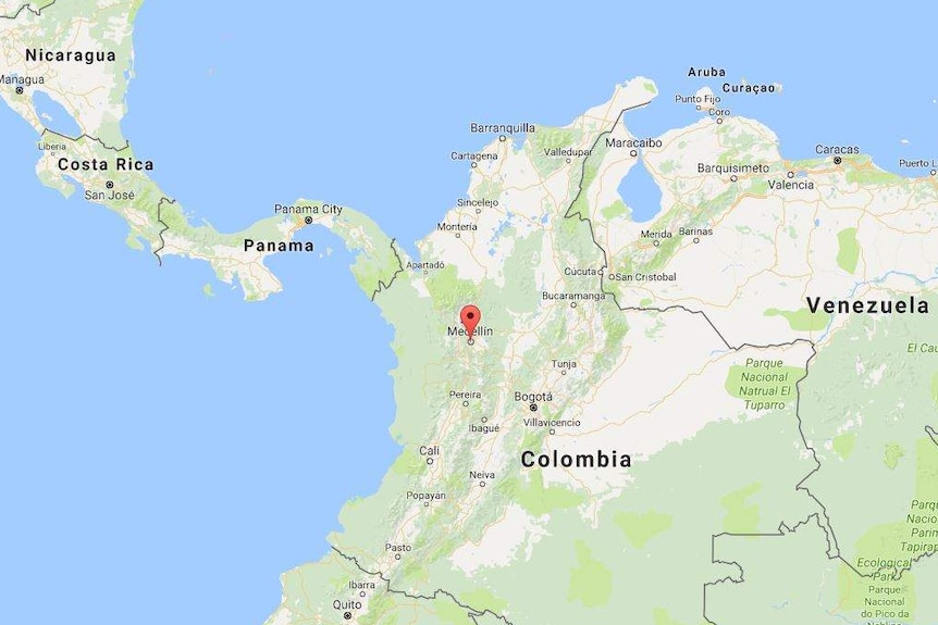 A map of Colombia in South America, with a marker on the city of Medellin.