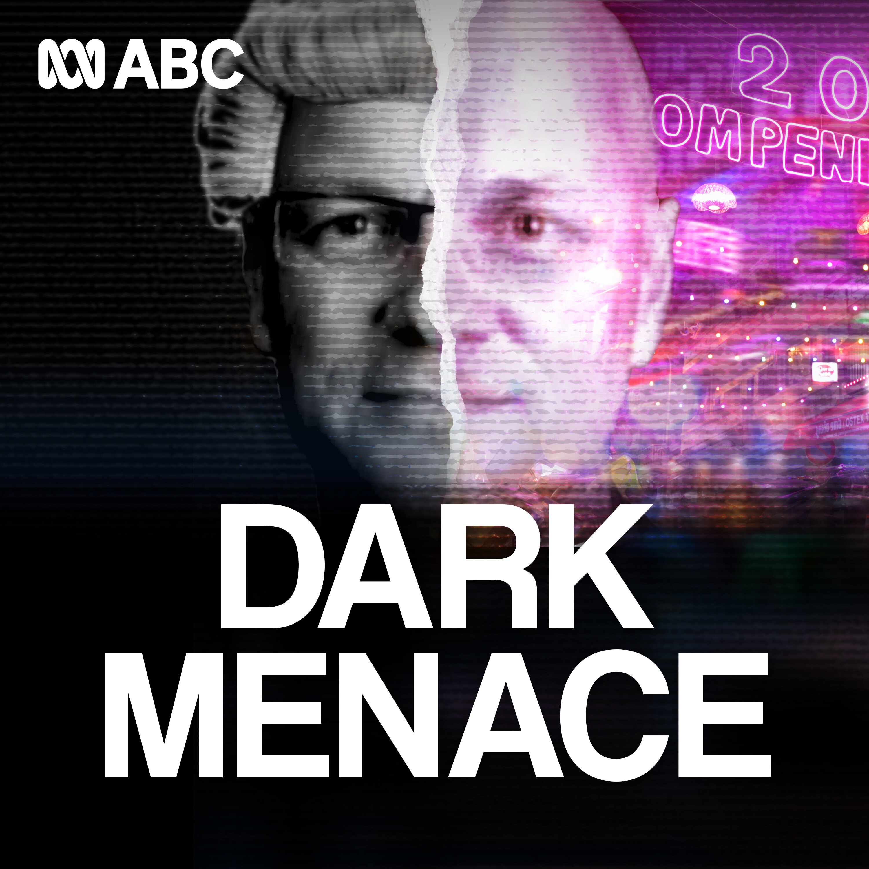 Text reading 'Dark Menace'. Black and white photograph of a judge, half of his face overlaid with a torn photograph