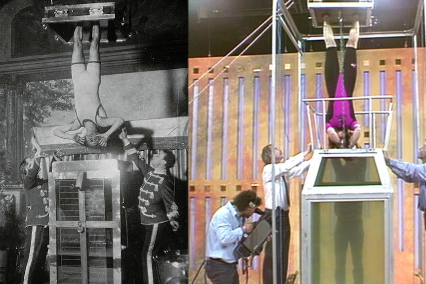 Composite image of black and white Houdini upside down and 1994 colour woman upside down, both helped by assistants