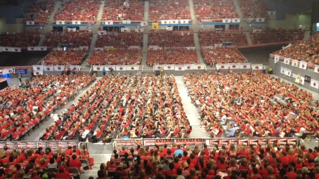 Inside Rod Laver Arena for teachers' strike rally