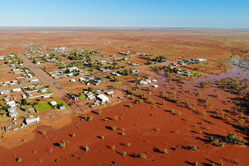 An aerial view of flooded outback town
