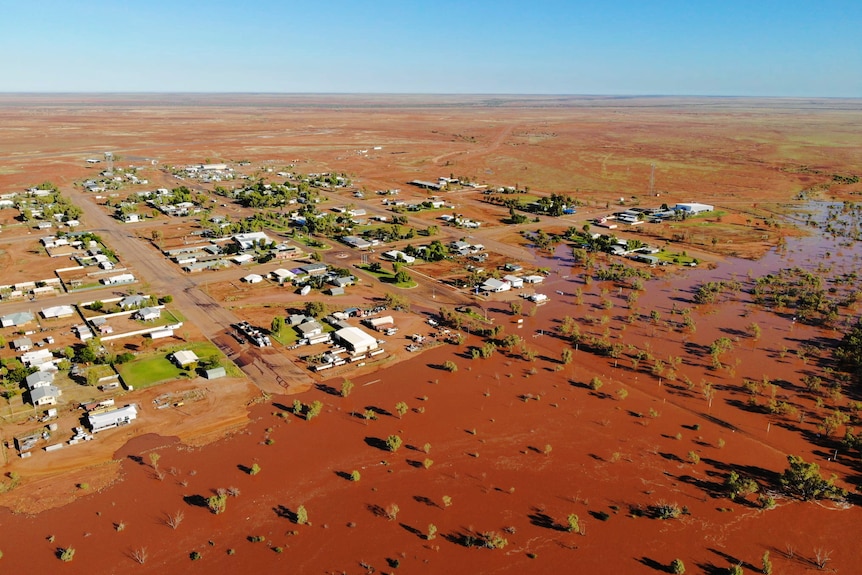 An aerial view of flooded outback town