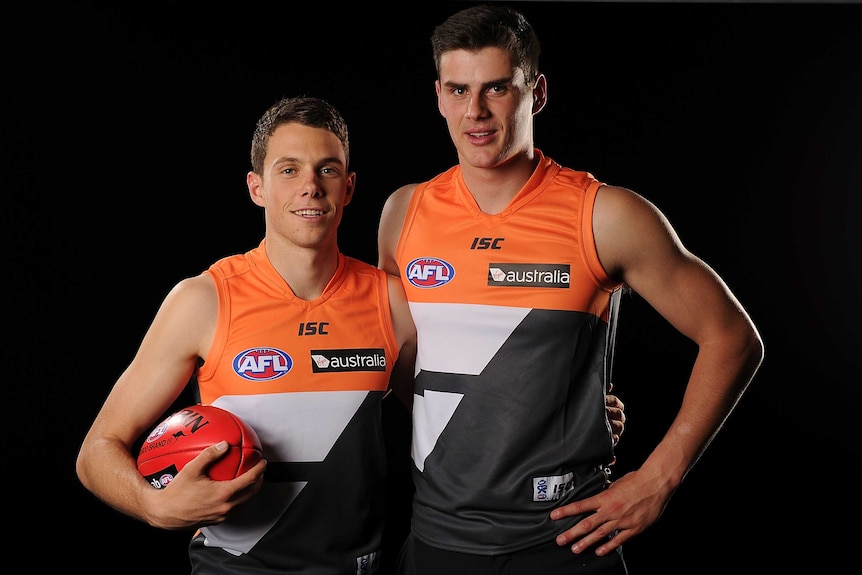 Josh Kelly (L) and Tom Boyd pose for a photo after being drafted by GWS.