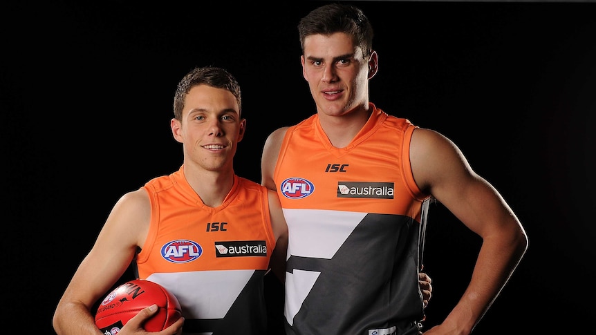 Josh Kelly (L) and Tom Boyd after being drafted to Greater Western Sydney at the AFL Draft.