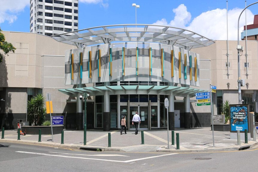 Front entrance of Roma Street Magistrates Court, next to Brisbane Watch House, in Brisbane's CBD.
