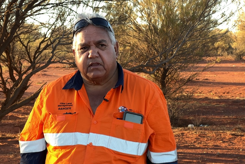 A man in a hi-vis shirt i front of trees and red dirt 
