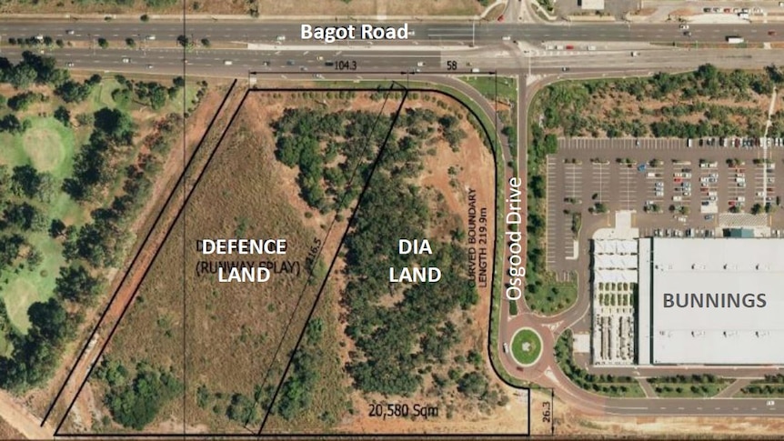 An aerial shot of airport land and defence land adjacent to Bagot Road and Osgood Drive outlining where Dan Murphy's could open.