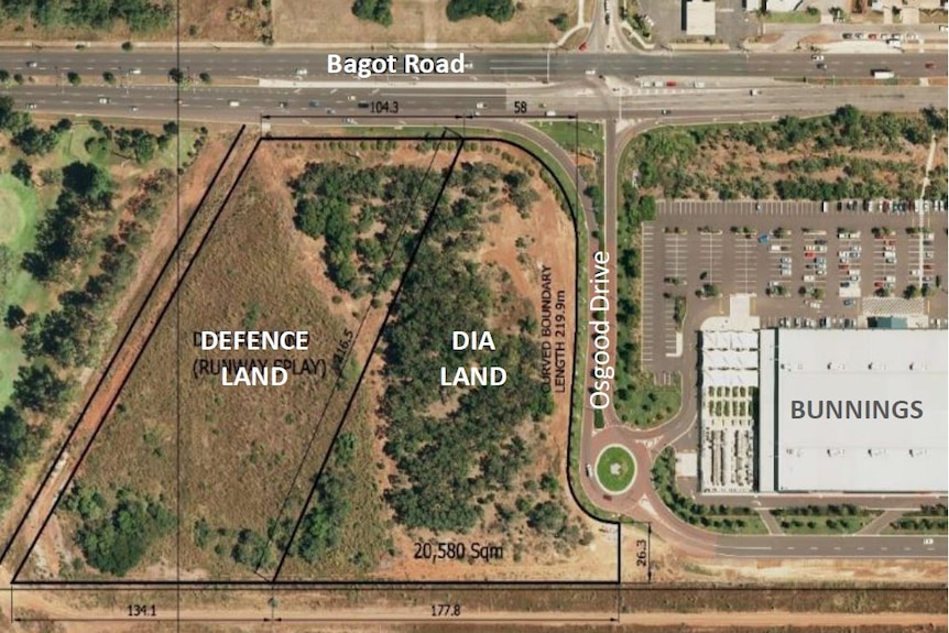 An aerial shot of airport land and defence land adjacent to Bagot Road and Osgood Drive outlining where Dan Murphy's could open.