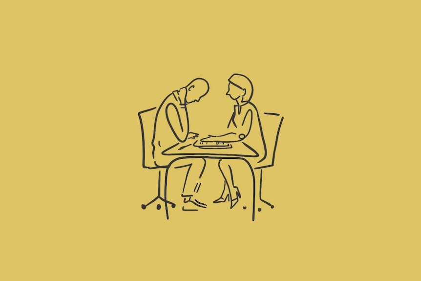 Illustration of two people having a conversation at a work desk.